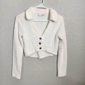 SO Sweater Womens Cropped Button-Up Cardigan Faux Fuzzy Knit Small White